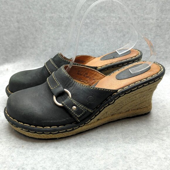 Born Concept BOC Black Leather Wedge Clog Sandal W3558 Women Size 8 - Picture 1 of 12